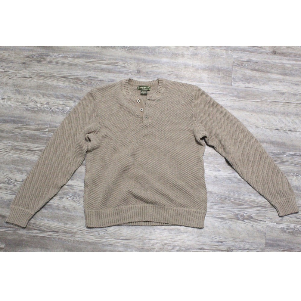 Eddie Bauer Mens Tan Cotton Waffle Knit Henley Sweater Medium